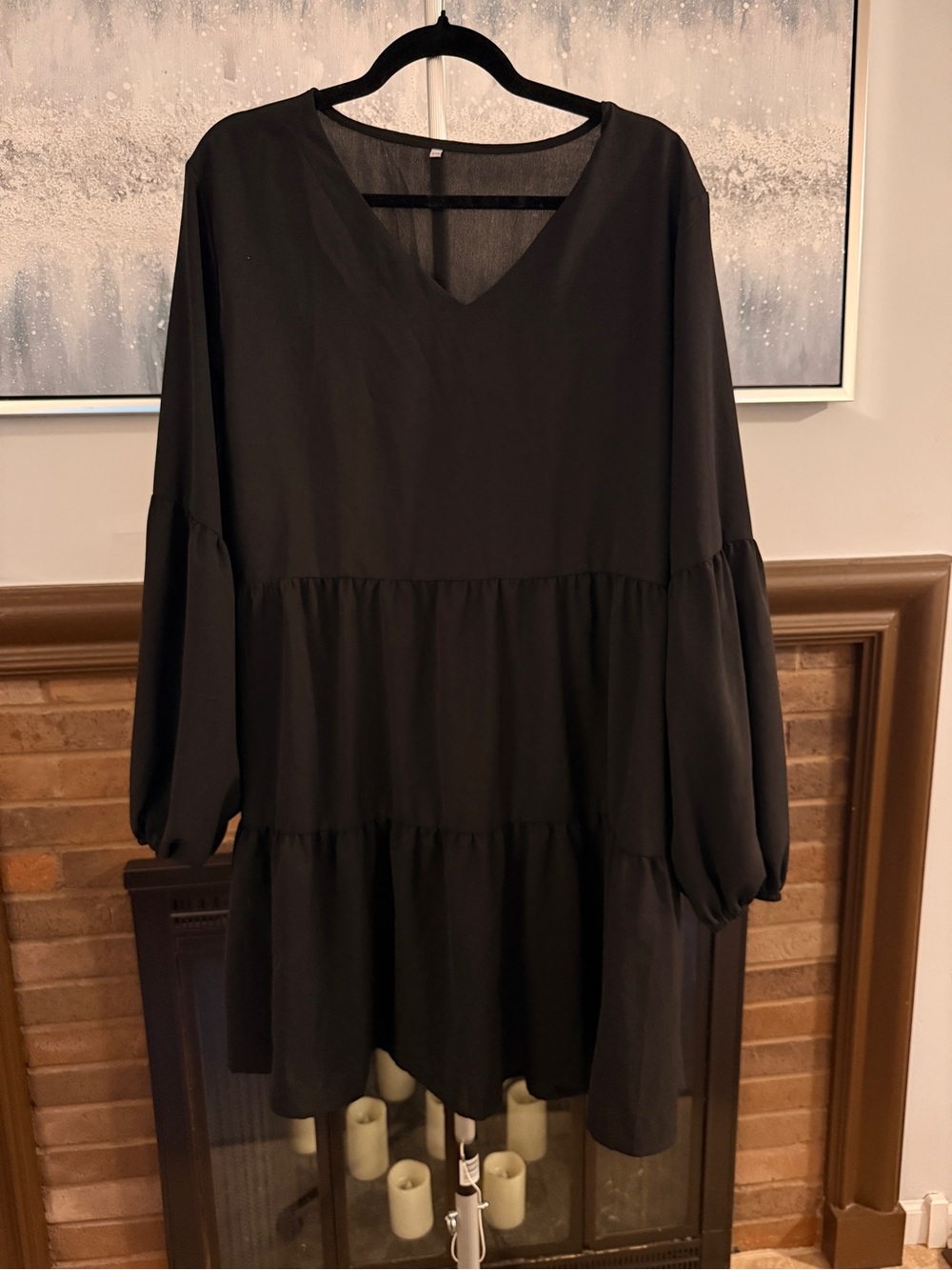 Classic Black V-Neck Tiered Long Sleeve Dress